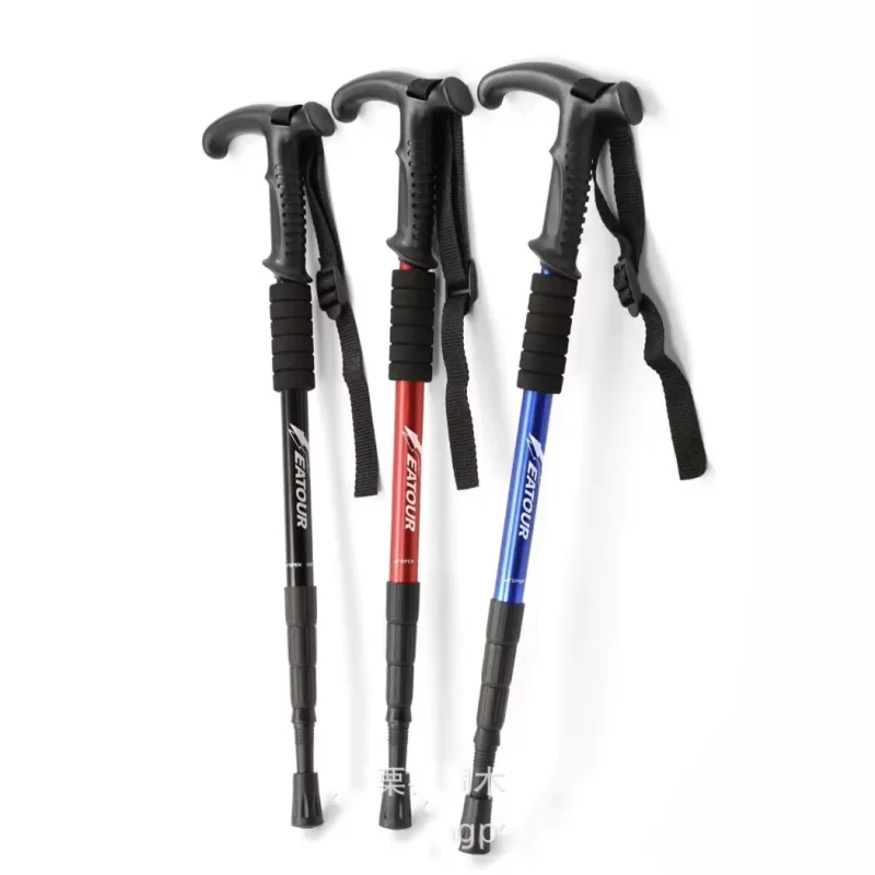 T-Handle Aluminum Alloy Trekking Pole 4-Section Retractable Walking Stick, Shock Absorbing Anti-Slip Climbing Cane for Outdoor H