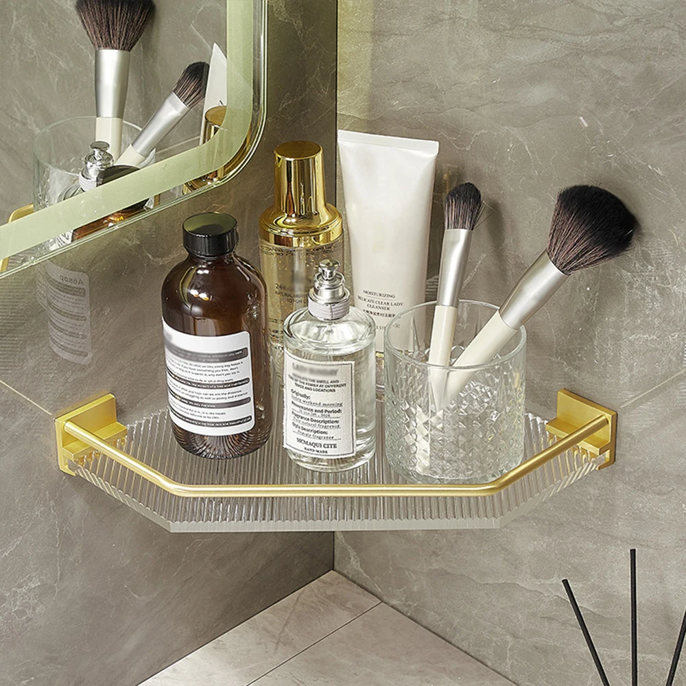 Gold Acrylic Bathroom Corner Shelf Adhesive Shower Organiser