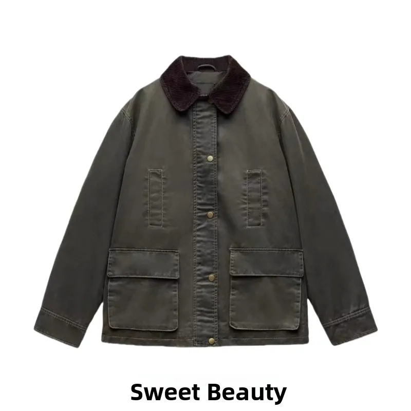 

Американский свободный восковой кожаный воротник с вельветовыми манжетами, осень-зима, Новое поступление, женская верхняя одежда