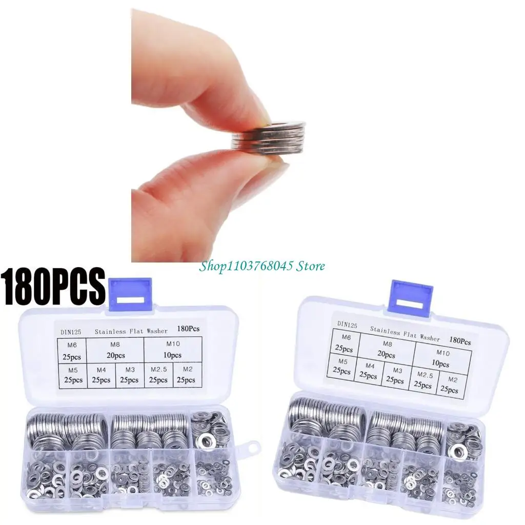 

R53F 180pcs Sturdy Stainless Steel Flat Washers Accessory for Project Supplies