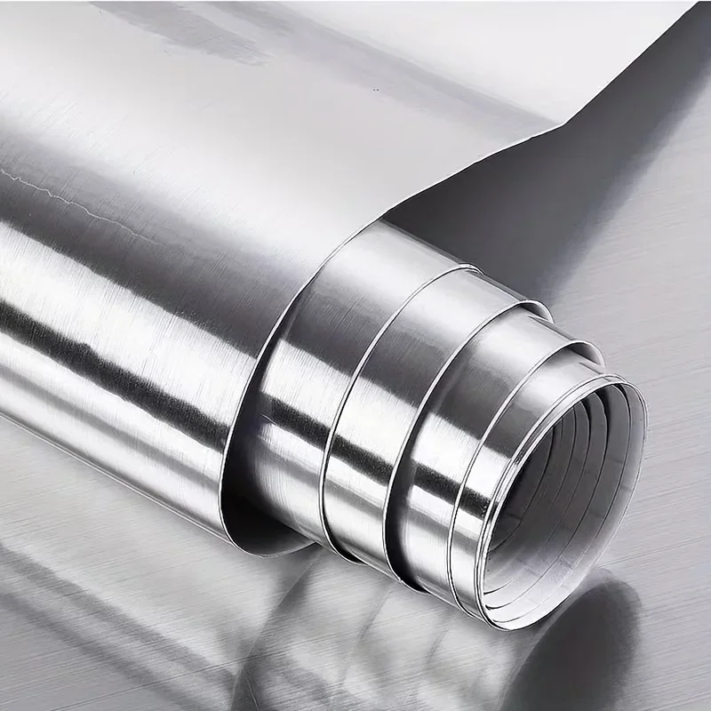 Brushed Silver Stainless Steel-Textured Decorative Film Oil-Resistant And Removable An Ideal Choice For Refurbishing Cabinets.