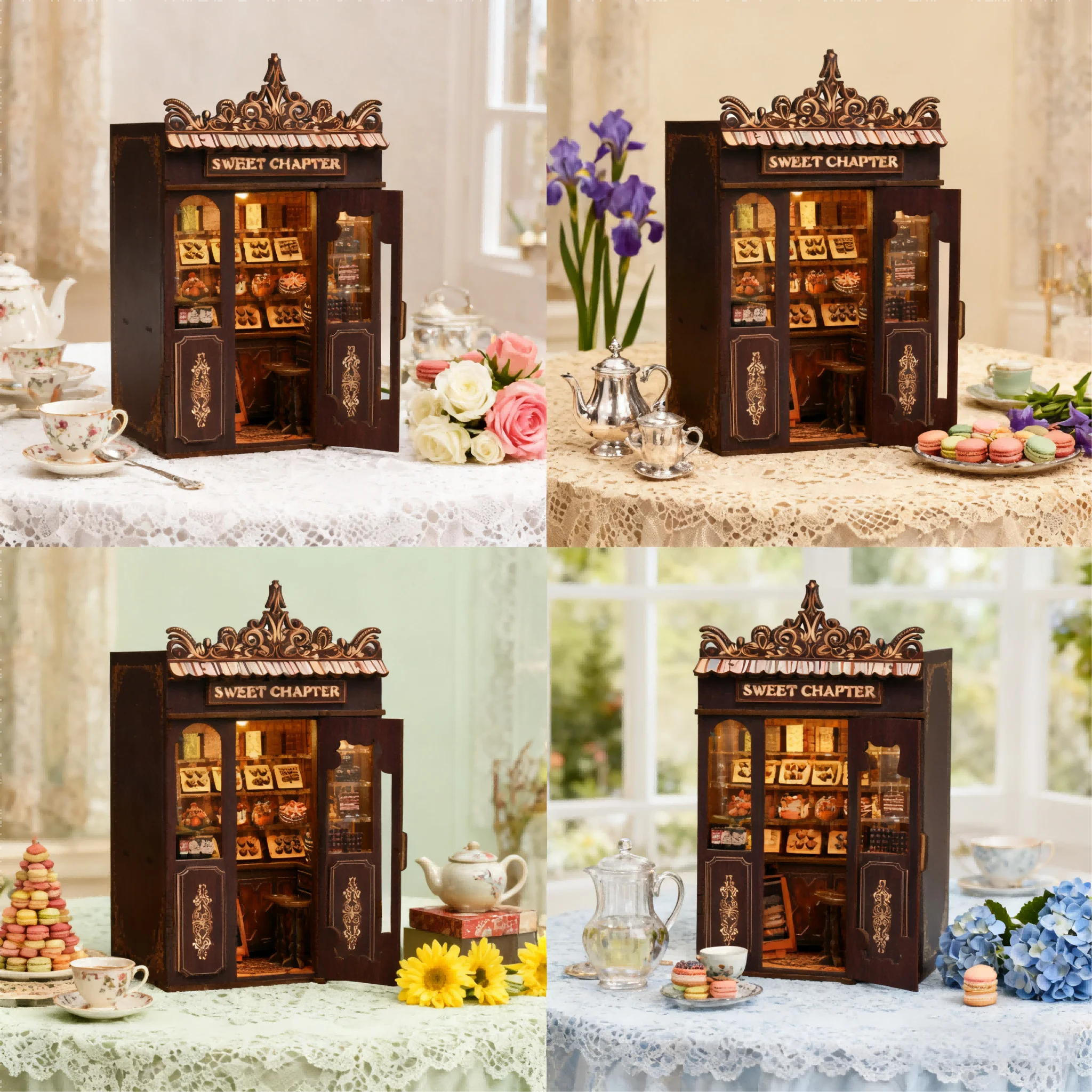 DIY كتاب الزاوية الحلو الفصل الحلوى متجر خشبي مصغر نموذج أطقم ثلاثية الأبعاد لغز Bookend رف الكتب ديكور هدية #2