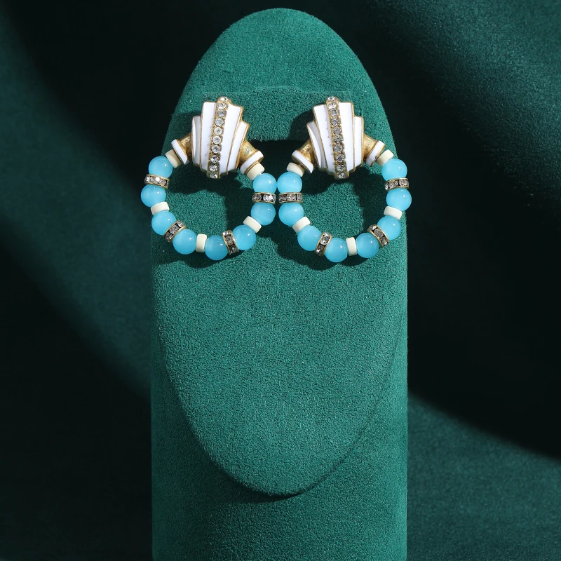 

Vintage White Shell Large Blue Beads Earrings Woman Circular Silver Color Inlays Rhinestone Elegant Luxury Quality Jewelry 2025