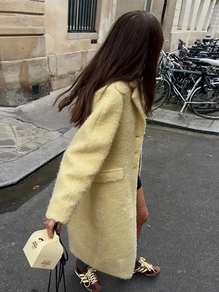 Manteau en laine d'agneau à simple boutonnage pour femme, revers élégant, long combiné, jaune décontracté, chic, vêtements d'extérieur High Street, automne, hiver