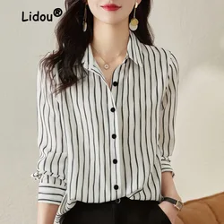 High-End-Farb block gestreifte Bluse Frauen klassische Langarm Büro koreanischen Polo-Kragen einreihige Dame Chiffon-Shirt