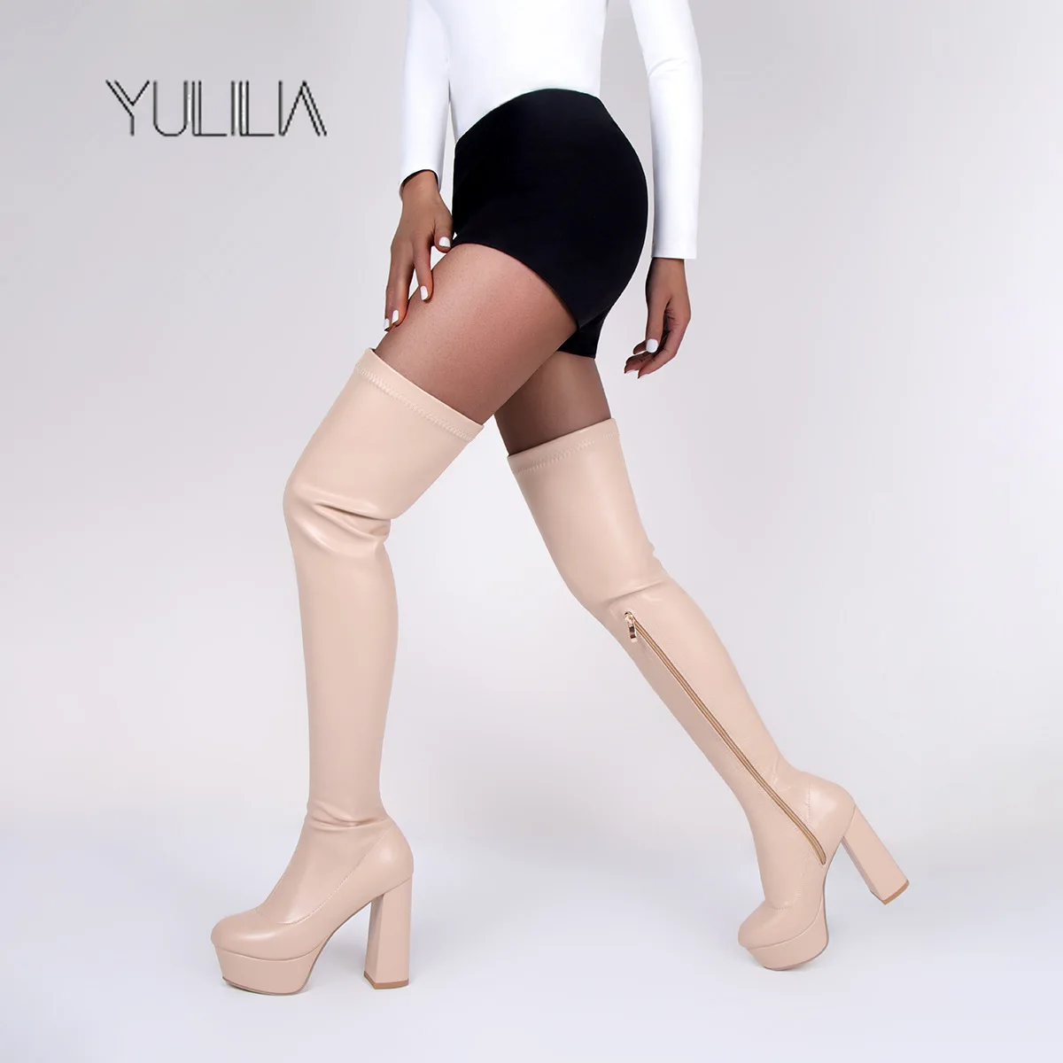

YULILIA Fashion Sexy Nightclub Party Office Apricot Over-the-Knee Boots Round Toe Side Zipper Coarse High Heel Women Boots