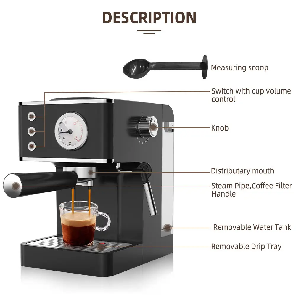 20-bar Espresso Coffee Making Machine 2-in-1 Cappuccino Coffee Maker Milk frother Powder Press Tamper