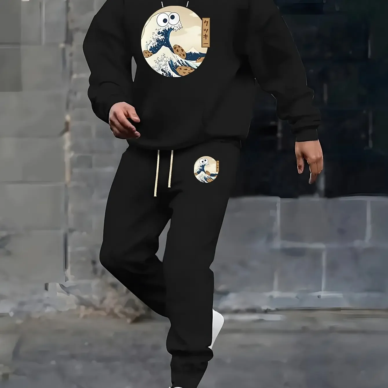 

Мужская повседневная и модная толстовка с длинными рукавами и свободными брюками с карманами на шнурке Stormy Sea Pattern, включая капюшон