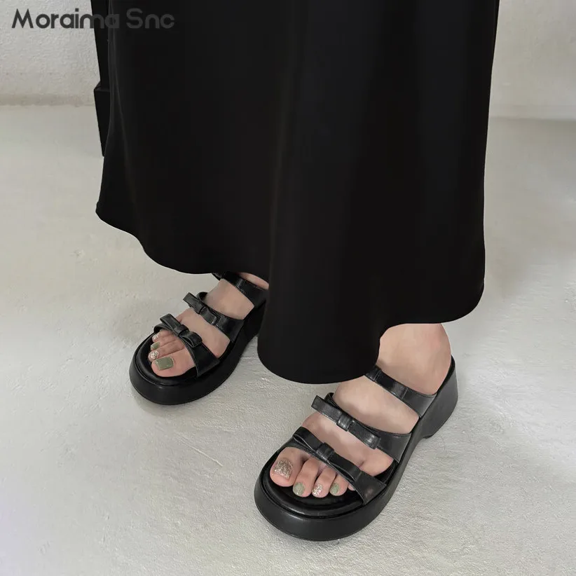 One-Line Bow Thick-Soled Slippers Round Toe Mid-Heeled Shoes Summer Open-Toe Casual Sandals Women's Fashionable Holiday Slippers