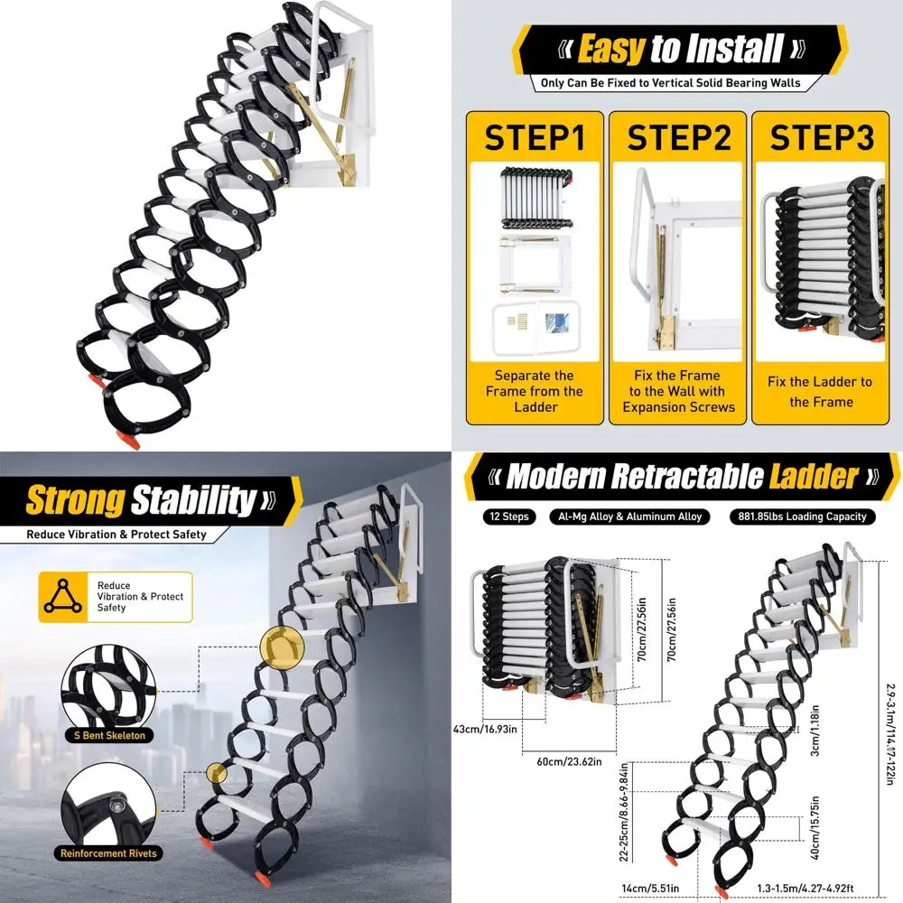 Aluminum-Magnesium Alloy 12-Step Folding Attic Ladder with 880lbs Load Capacity and Safety Arms