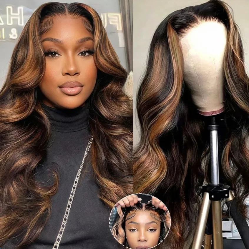 

PB/30 Ombre Highlight Long Wavy Highlight Wigs With Vivid Hair Parting Mixed Chocolate Brown Blonde Hair Wigs for Black Women