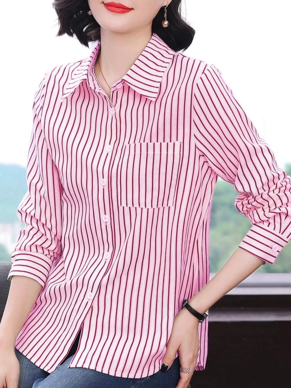 여성용 스트라이프 롱 스웨터 2025 신상 슬리 오픈 가디건 가을 아우터 중년 엄마 봄 가을 상의 베이스 스웨터