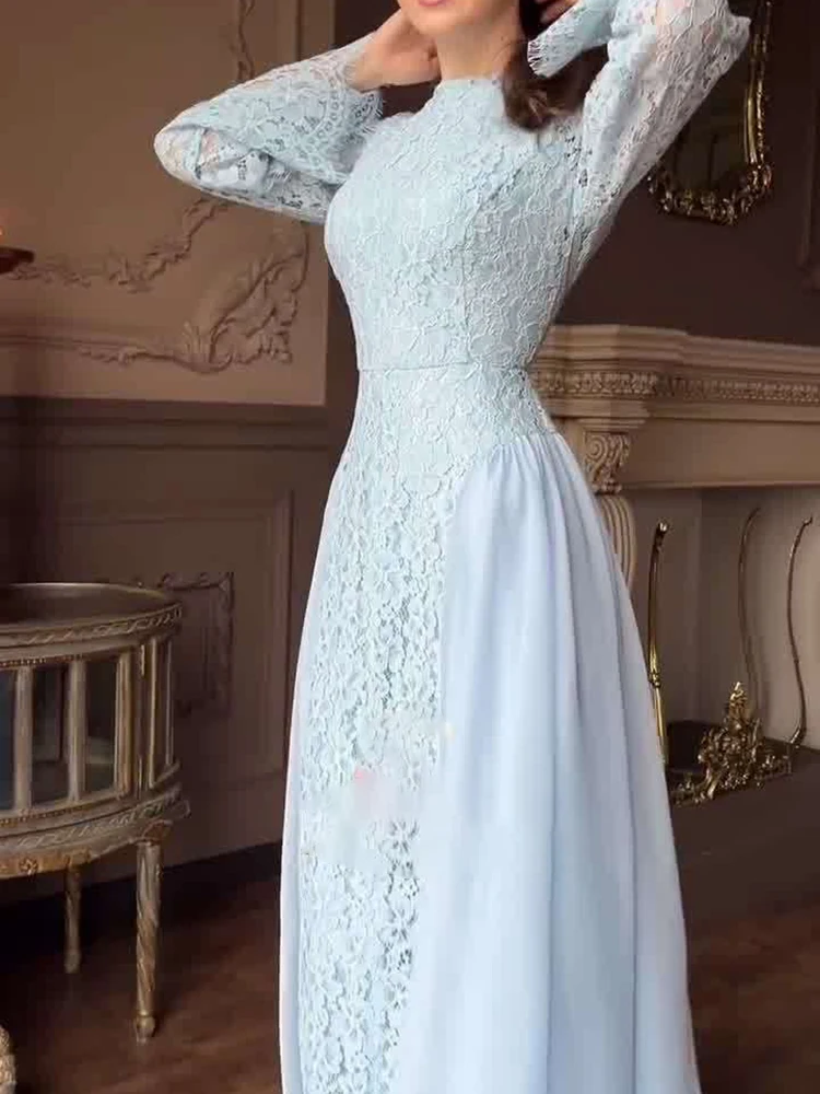 أنيقة س الرقبة عالية الخصر مطوي فستان حفلة موسيقية عادية الخريف المرأة فستان ماكسي الأزرق الدانتيل المرقعة بأكمام طويلة سوينغ فستان الحفلات