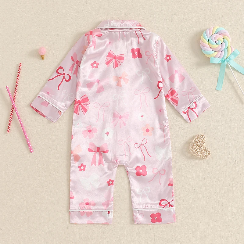 0-18M Baby Meisjes Satijn Zijdeachtige Pyjama Rompertjes Strik Bloemenprint Revers Hals Lange Mouw Herfst Body jumpsuits Nachtkleding