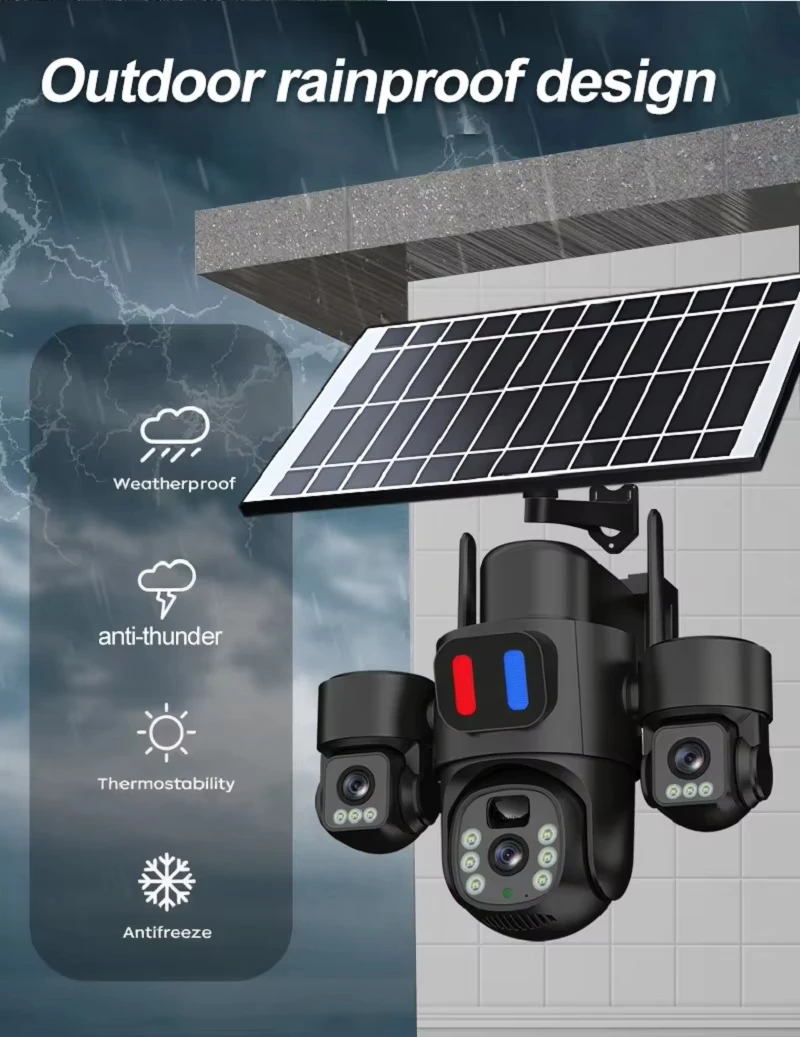 WIFI Solar PTZ Camera Outdoor 15MP Three Lens Three Screen Security Surveillance Camera 360 PIR Detection Solar CCTV EseeCloud