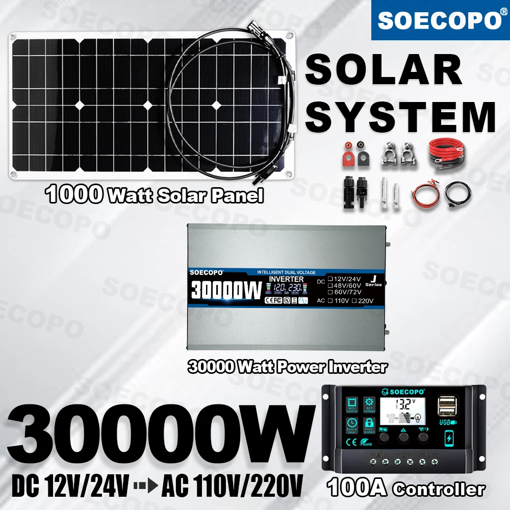 Portable 30000 Peak Solar Kit 12V/24V To 110V 220V Inverter Flexible Panel 100A Controller Complete Station for Fan Home System