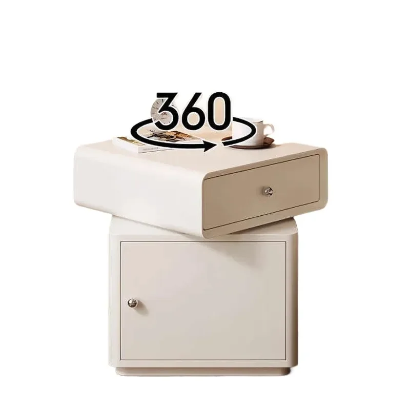 White Modern Bedside Table 360 Degree Rotatable Nightstand with Storage Drawers and Safe Box for Bedroom Furniture