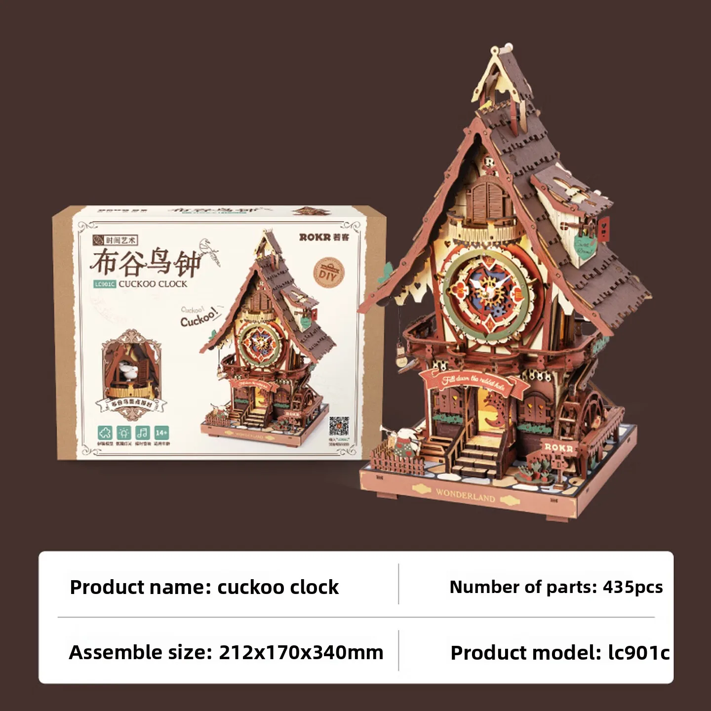 DIY Wooden Cuckoo Clock 3D Assembly Puzzle Kit with 30 Degree Crescent Pendulum Retro Pull Switch Model for Adult Craft Decor