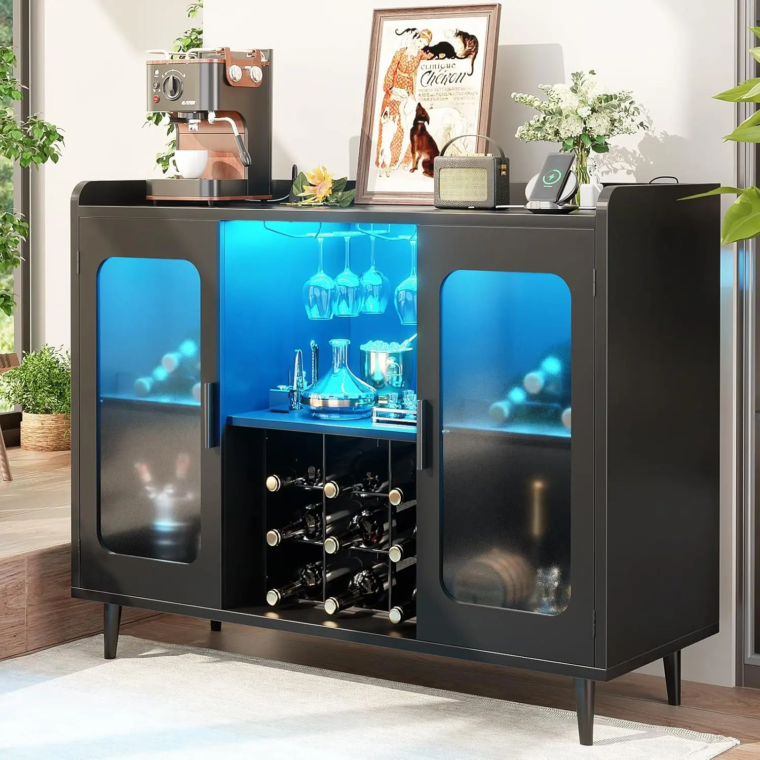 

Wine Bar Cabinet With Power Outlet, Liquor Cabinet Bar With Led Light And Glass Holder, Home Coffee Bar Cabinet, Buffet