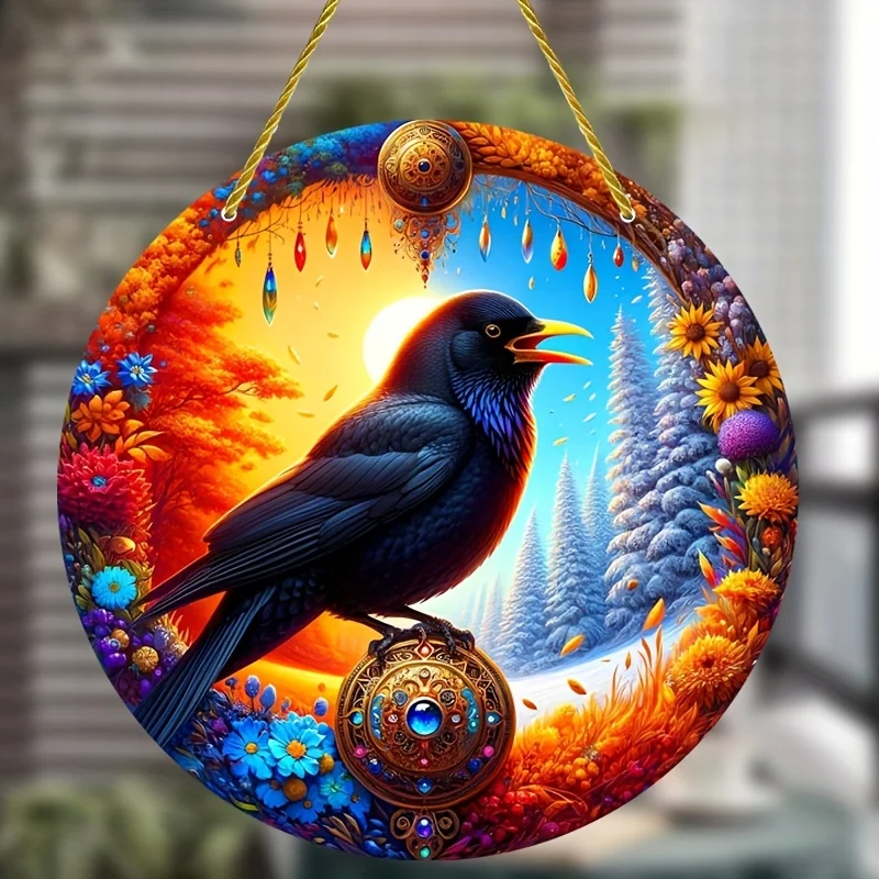 Black Raven Sun Catcher - 6x6 Inch Round Acrylic Window Hanging, Bright Colored Plastic Home, Porch and Wall Decoration