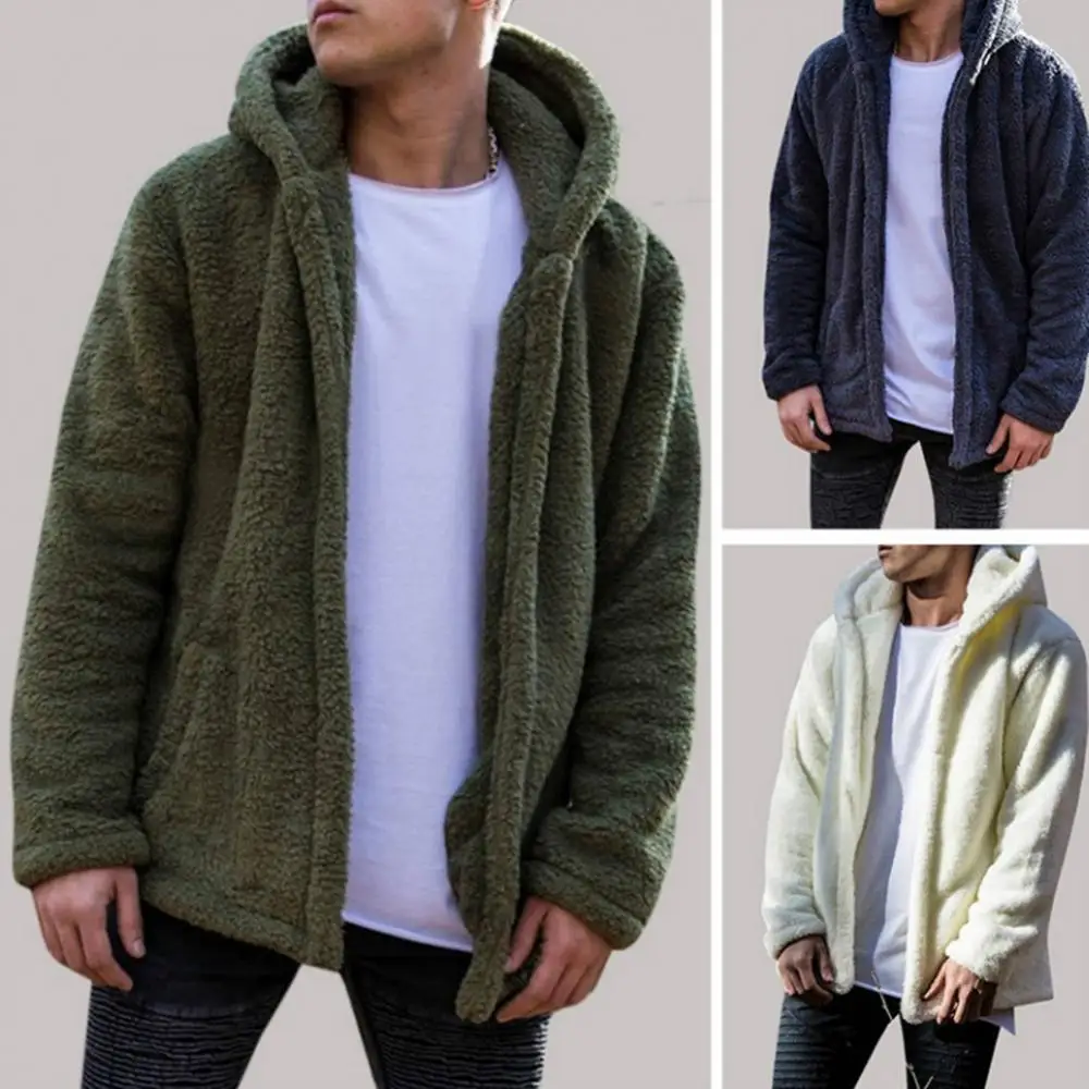 Casual Men Winter Long Sleeve Pockets Fleece Warm Hooded Loose Plus Size Coat Men Clothes Fashionable Men's Winter Jacket