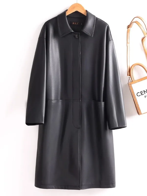   Ning – manteau en cuir véritable pour femme, mi-long, grande taille, ample, haut de gamme, sensation eepskin, nouvelle collection printemps automne 2025