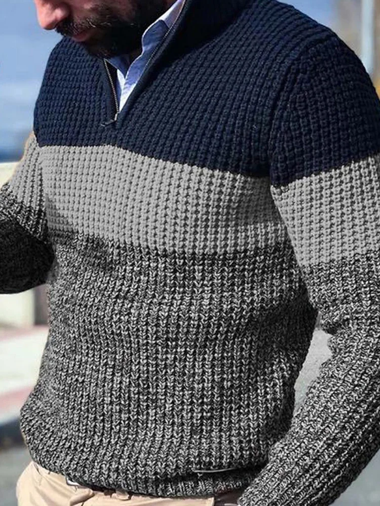 Harajuku Patchwork Print Mężczyźni Gruby Sweter Męski Dorywczo Długi Rękaw Zamek błyskawiczny Swetry Dzianina Ciepła Jesień Zima V Szyja Pulowery Top