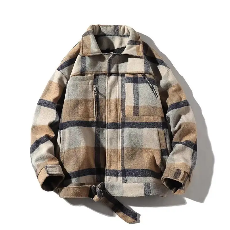 Men Winter Thick Woolen Coat Warm Retro Plaid Woolen Jacket Streetwear Medium Oversized Outwear