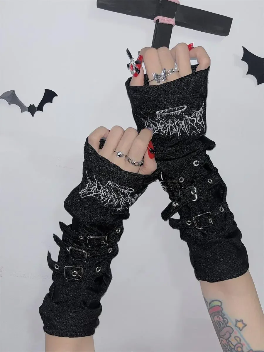 Harajuku japonés Millennium Hot Girl, mangas de brazo a rayas bordadas, guantes negros para mujer, manga de medio dedo, accesorios Y2k