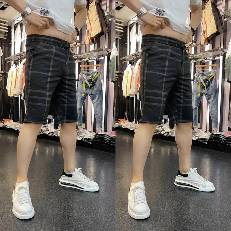 

ACMEOSTUDO Men's Summer Casual Faion Plaid Elastic Five-Point Silk Thin Breathable orts Knee-High Regular Thin