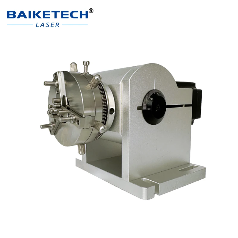 High Profile Rotary Shaft 3-Jaw Chuck Fixture, 120° Adjustable Stepper Motor Rotary Attachment for Laser Marking Machine Round
