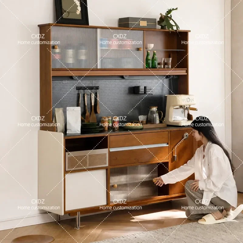 Retro French solid wood dining side cabinet, household storage cabinet integrated against the wall, narrow side tea cabinet,