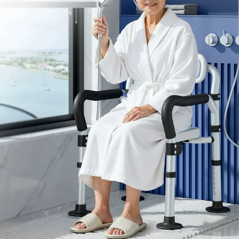 2 in 1 Bedside Toilet Shower Chair Indoor Non-Slip Foldable Bathroom Chair with Toilet Bucket Adjustment Large Drain Hole