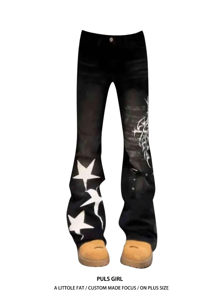 

Ретро-джинсы американского стиля больших размеров для женщин: джинсы с высокой талией, принтом звезд, эффектом потертости, расклешенные, облегающие, повседневные брюки