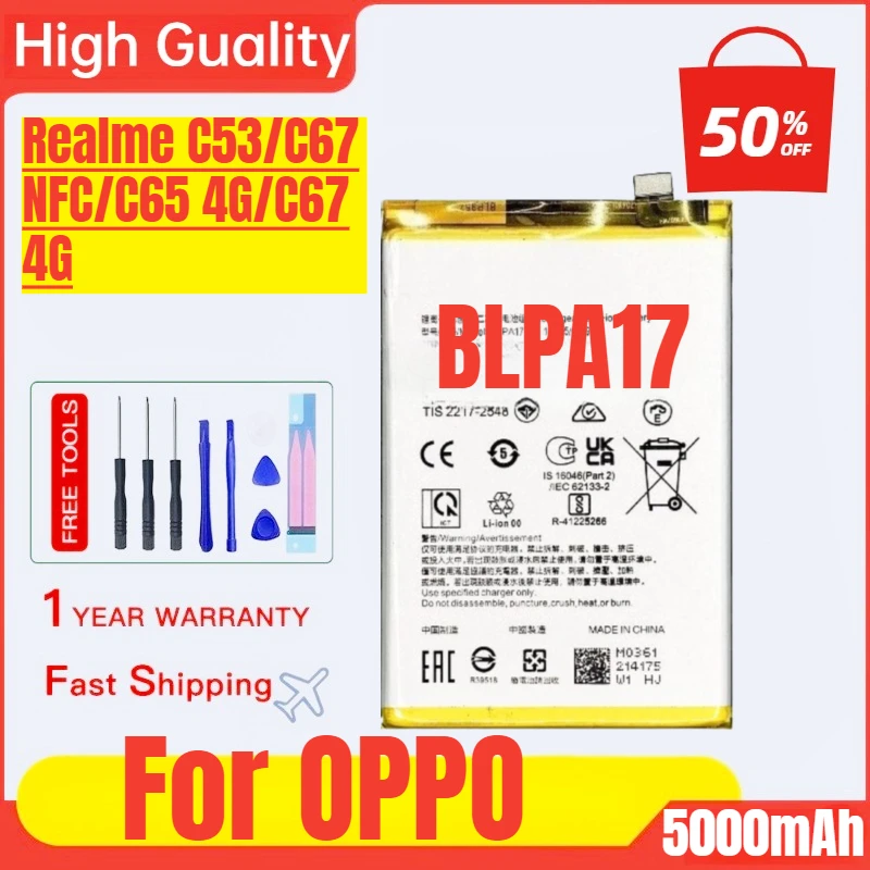 BLPA17 for OPPO Realme C53/C67 NFC/C65 4G/C67 4G Mobile Phone Battery High Capacity Battery Replacement Bateria with Tools