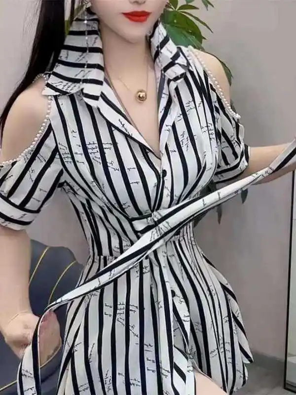 

2025 New Summer Print Waist-hugging Long Dress Korean Striped Temperament Short Skirt