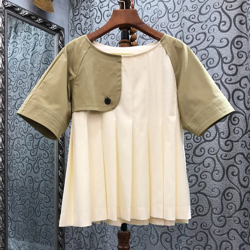 

Топ с короткими рукавами контрастного цвета, дизайн 2023, сто складок, для похудения и прикрытия мяса