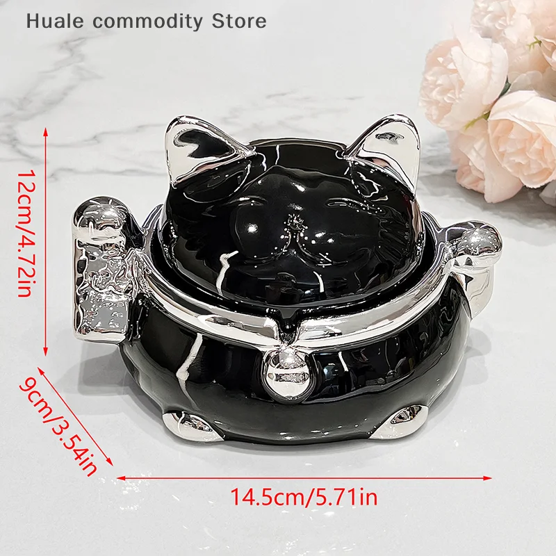 Creative Ceramic Fortune Cat Ashtray With Cover Fly Ash Personality Living Room Home Office Decoration Statue Ornament Crafts