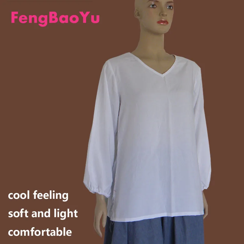 

FengBaoyu Fine Cotton Silk Spring Summer Women's Lanterns Long-sleeved V-collar T-shirt White Casual Plus-size 100KG Fat Girl