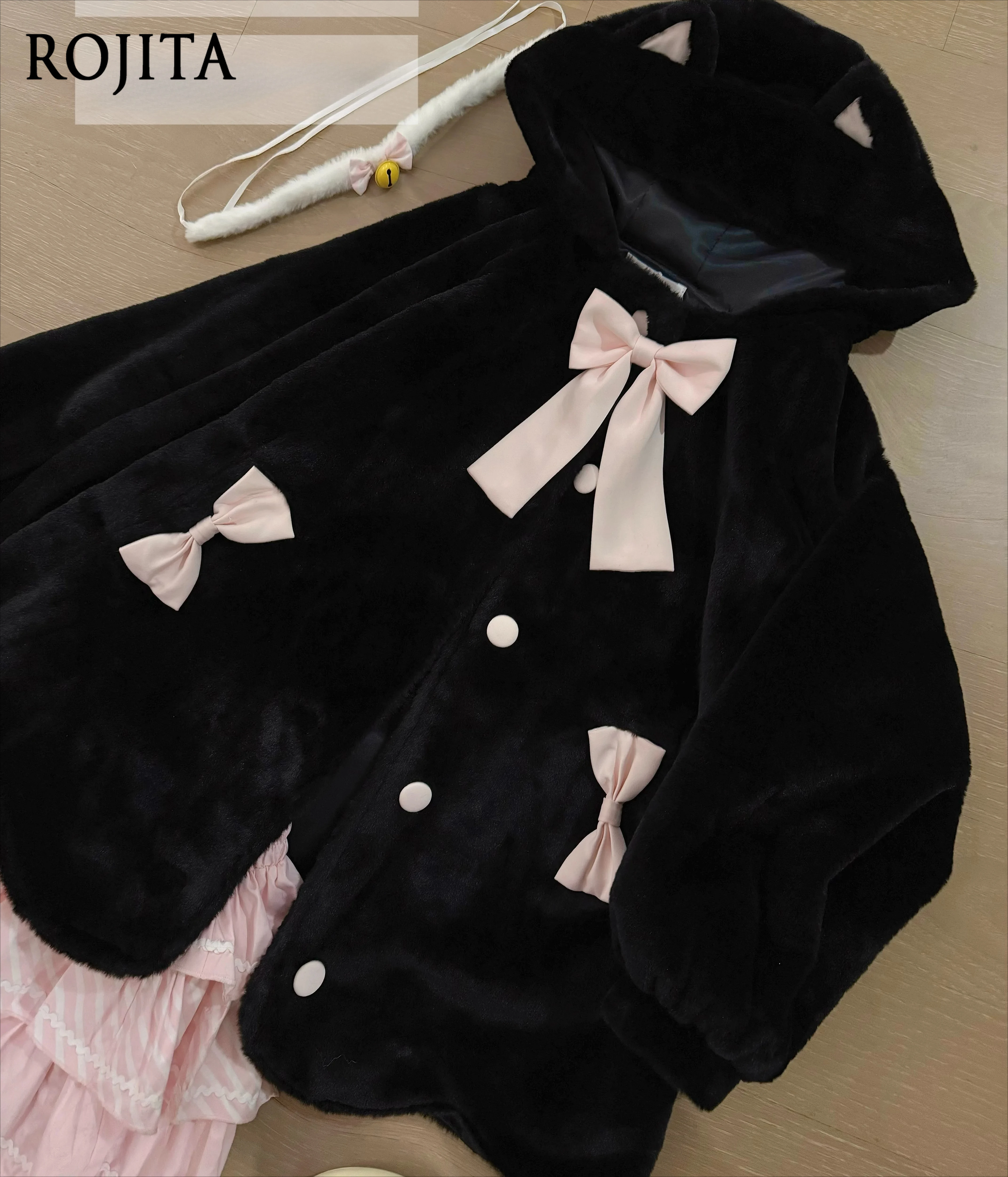 Winter Jacket WomenCat Ear Coat Black Pink Autumn and Winter Soft Sister Fluffy Cute Coat Can Be Matched with Bud Clothes