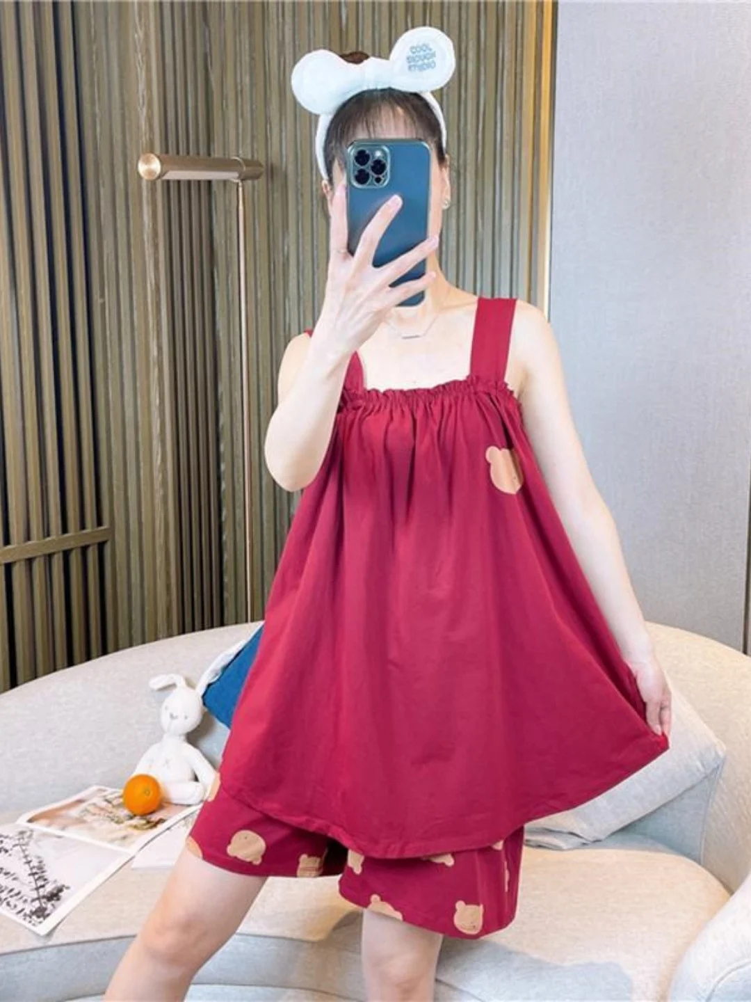 Summer Cartoon Print Halter Short Pants Sleepwear Set Large Size Home Clothes Outdoor Wearable Anti-Aging plus Size Fat MM