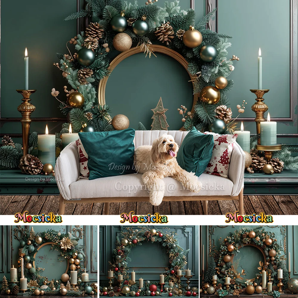 Green Christmas Background Wall Gold Xmas Ball Garland Backdrop Holiday Party Candle Booth Winter Family Portrait Photo Studio