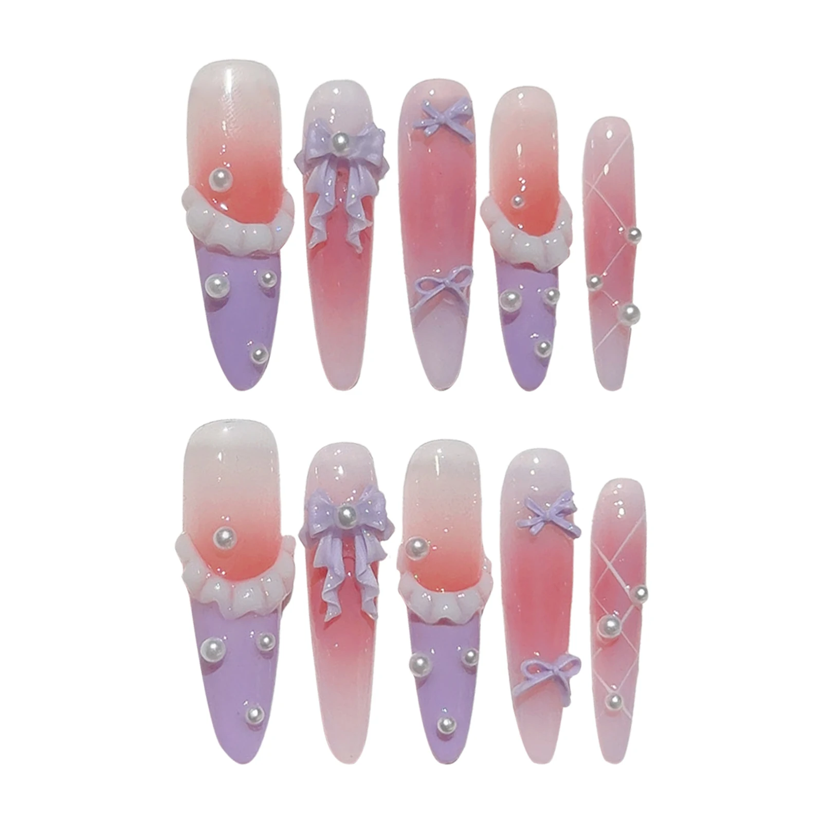 Y2K Blush kunstnagels met strik Handgemaakte lange stiletto doodskist Druk op nagel met parels Roze Paars Frans Valse nagel Draagbaar