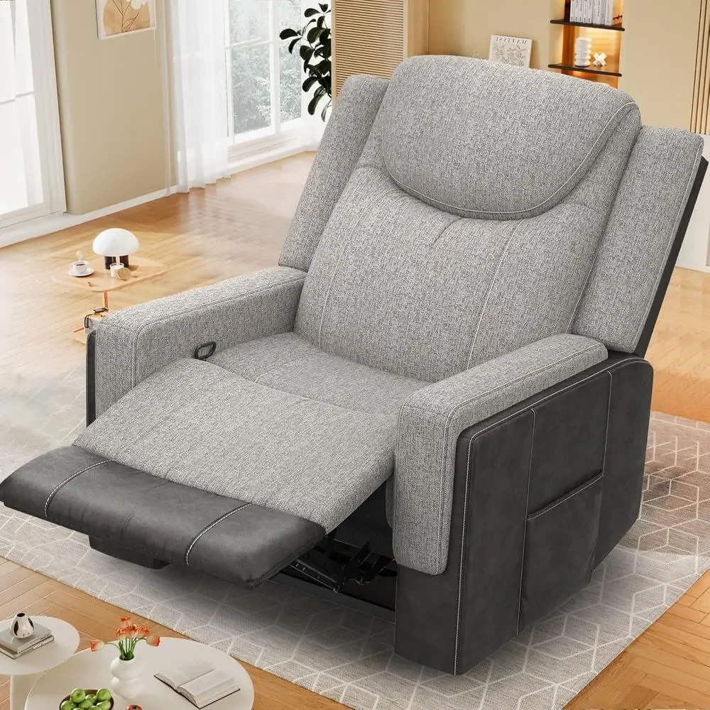 Sillón Reclinable Manual Extra Ancho para Adultos con Diseño Ergonómico, Mezcla de Lino Gris y Cuero Color Chocolate, Ideal para Sala de Estar