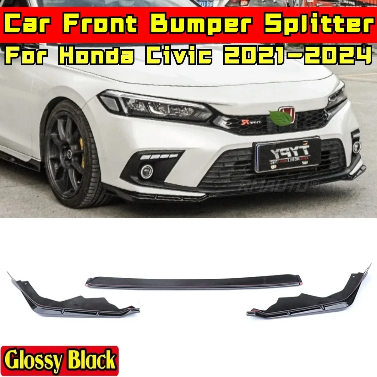 Civic Front Bumper Lip Matte Black MUGEN Style Front Bumper Apron Body Kit For Honda Civic 11th Gen 2021-2024 Car Accessories