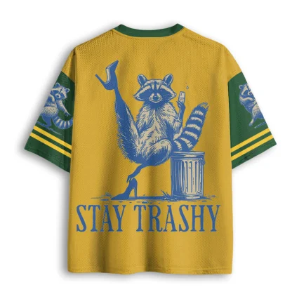 Stay Trashy Funny Raccoon High Heel Print Men V Neck Mesh Jersey Meme Animal Graphic Short Sleeve Top