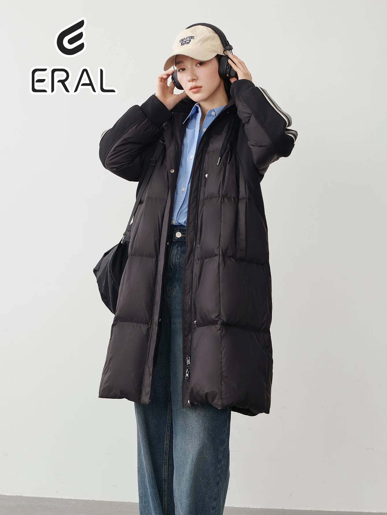 ERAL Winter Down Coat Stand Collar Design Temperament Black Women Down Jackets Winter Mid-Length Black 90% Duck Down Coat Parka