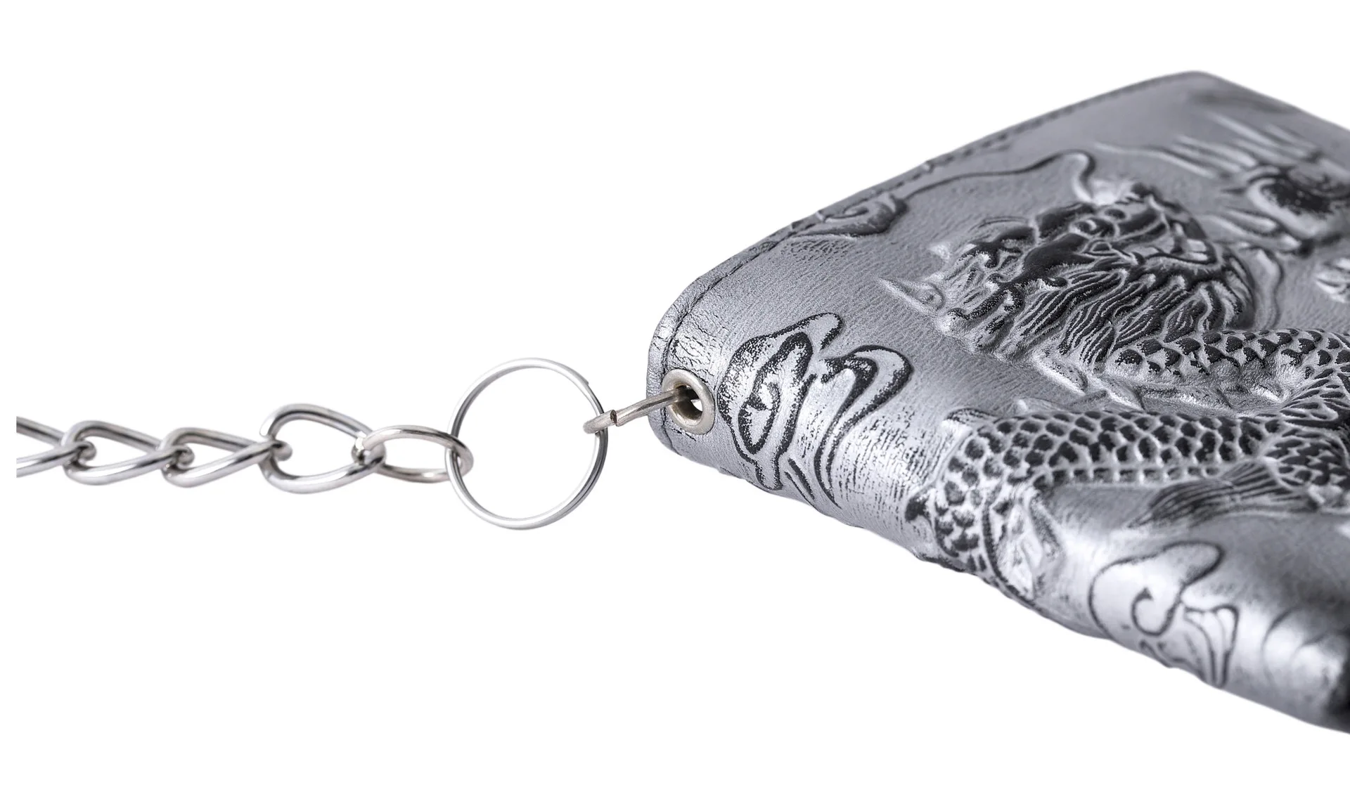 Punk Rock Biker Herren-Geldbörse mit Metallkette Retro Silberner Drache Geprägt Echtes Leder Diebstahlsichere Kettenbörse für Männer – Detail 14