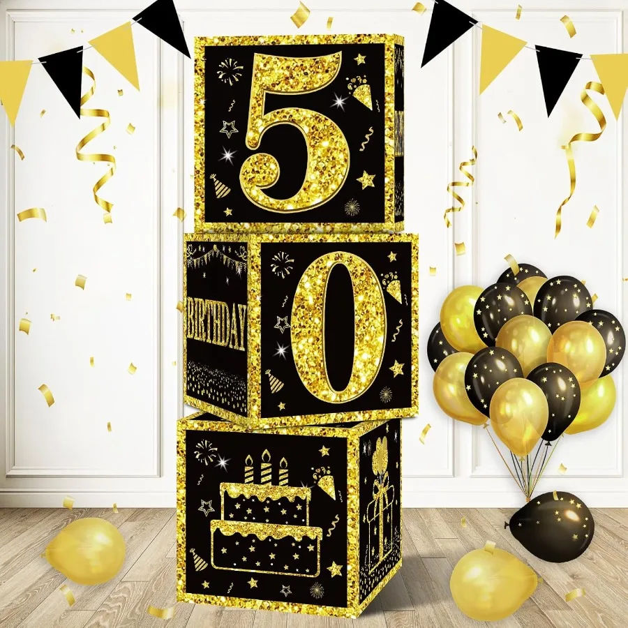 3 pçs 50th aniversário decorações caixas para homens mulheres preto ouro feliz 50 aniversário balões caixas fontes de festa 50 anos de idade bday