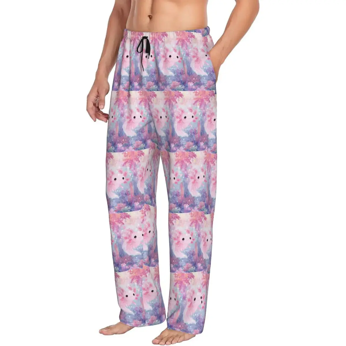 Custom Cute Cartoon Axolotl In Coral Reef Men Pajama Pants Lounge Sleep Sleepwear Bottoms with Pockets
